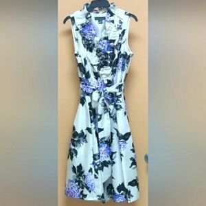 Jessica Howard Purple, Black & White Ruffled V Neck Belted Dress Size 12